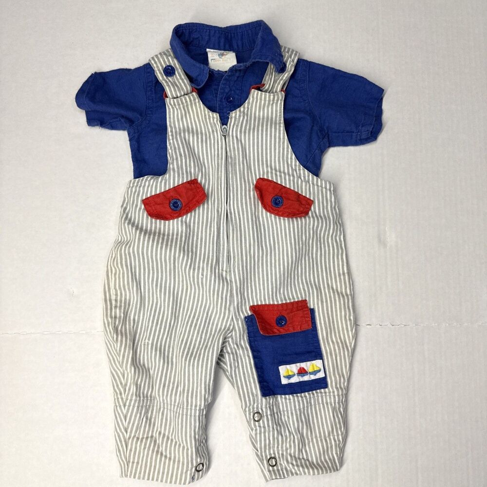 Vintage Happy Kids Gray Stipe Bib Overalls & Button Blue Shirt Size 3-6 Months